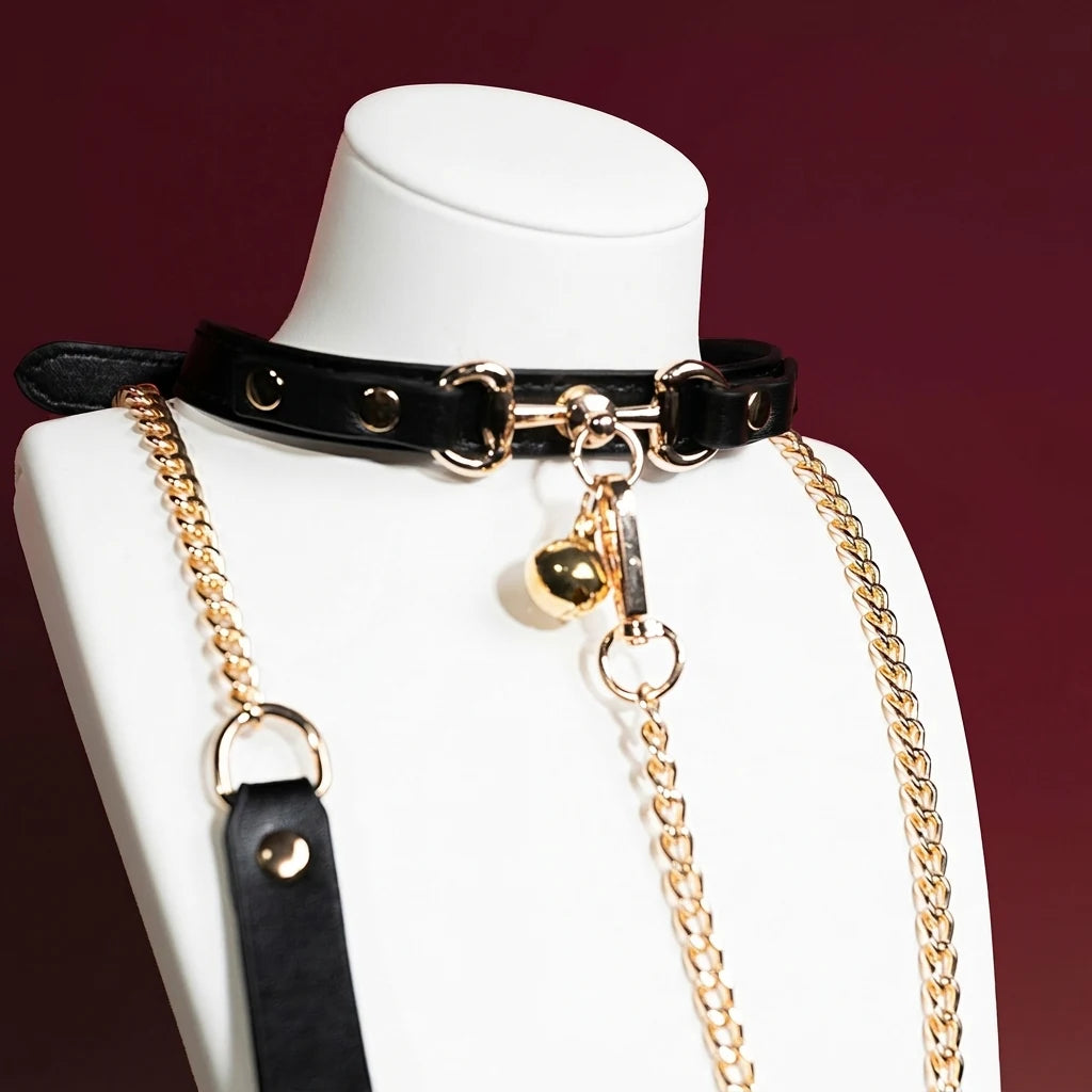 Black Leather Bell Choker Collar and Leash Set