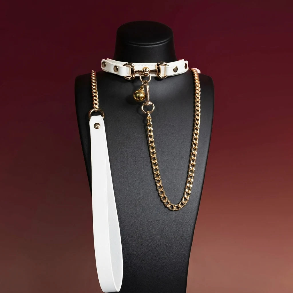 Black Leather Bell Choker Collar and Leash Set