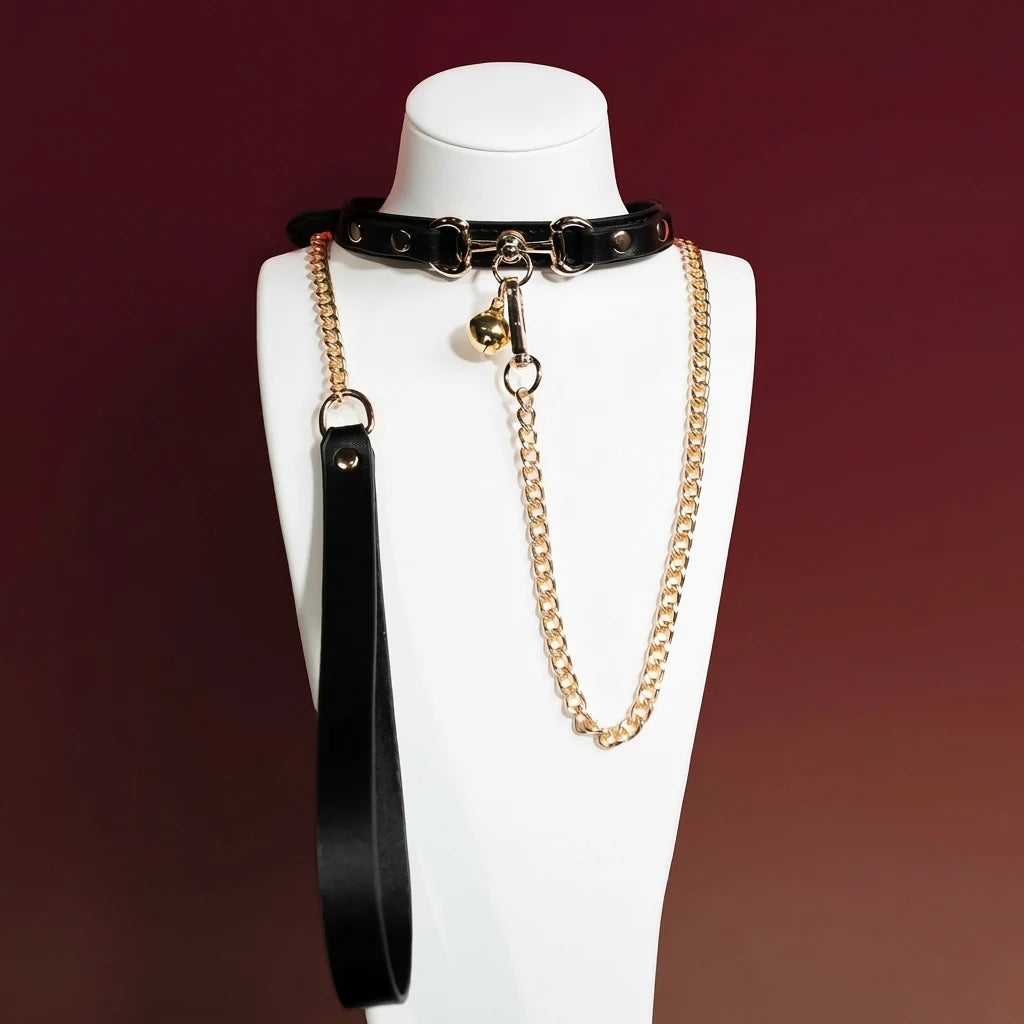 Black Leather Bell Choker Collar and Leash Set - Variant Image 1