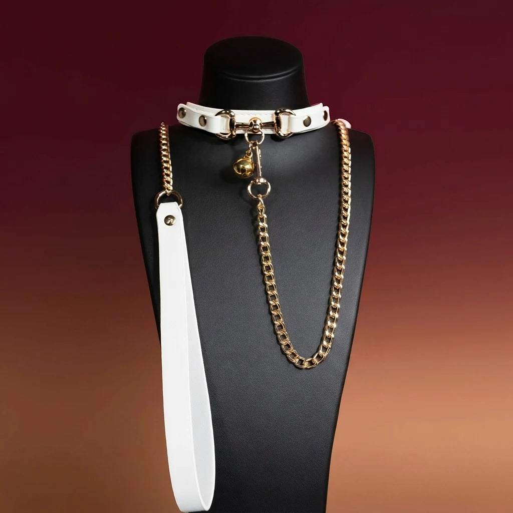Black Leather Bell Choker Collar and Leash Set - Variant Image 2