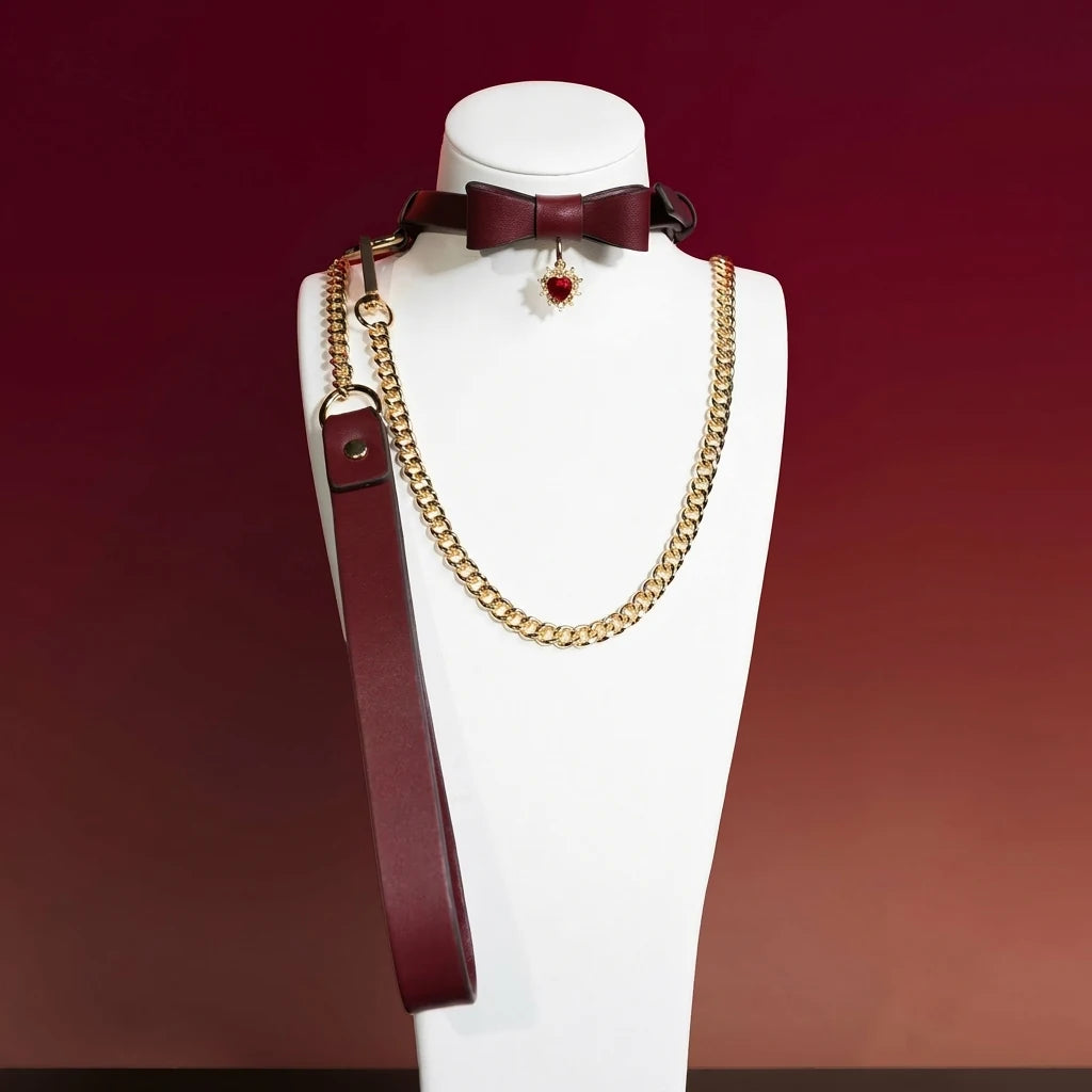 Burgundy Bow Heart Charm Choker Collar and Leash Set
