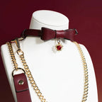 Burgundy Bow Heart Charm Choker Collar and Leash Set
