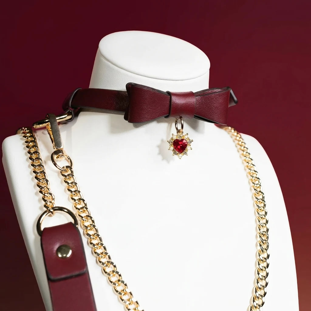 Burgundy Bow Heart Charm Choker Collar and Leash Set