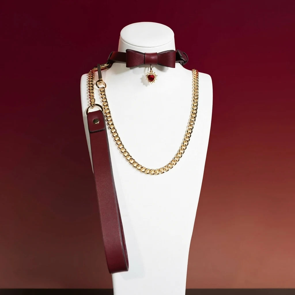 Burgundy Bow Heart Charm Choker Collar and Leash Set - Variant Image 1