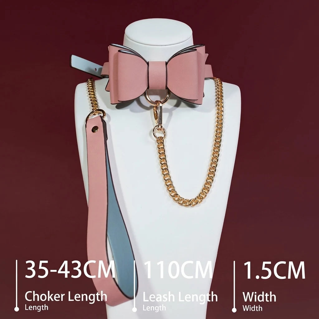 Large Pink and Black Bow Choker Collar and Leash Set