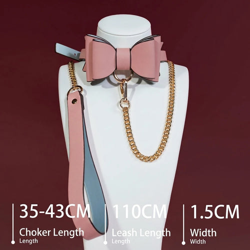 Large Pink and Black Bow Choker Collar and Leash Set