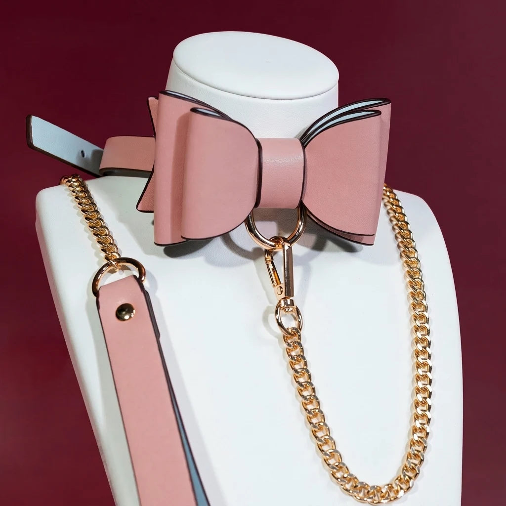 Large Pink and Black Bow Choker Collar and Leash Set