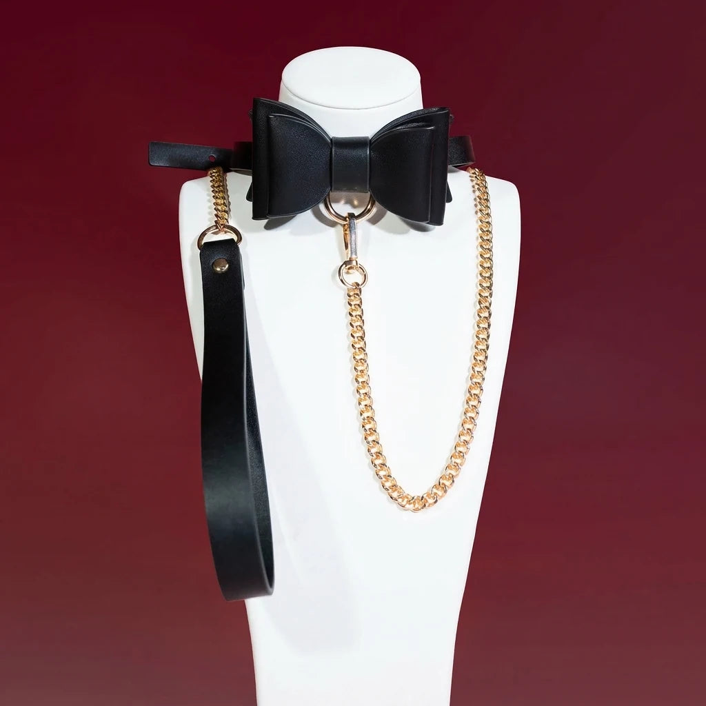 Large Pink and Black Bow Choker Collar and Leash Set - Variant Image 2