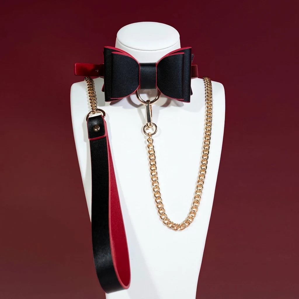 Large Pink and Black Bow Choker Collar and Leash Set - Variant Image 3