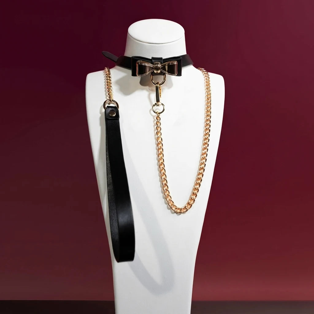 Black and Pink Bow Heart Choker Collar and Leash Set - Variant Image 1