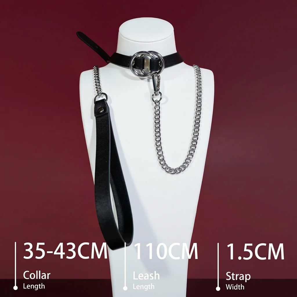 Black Double-Ring Bell Choker Collar and Chain Leash Set