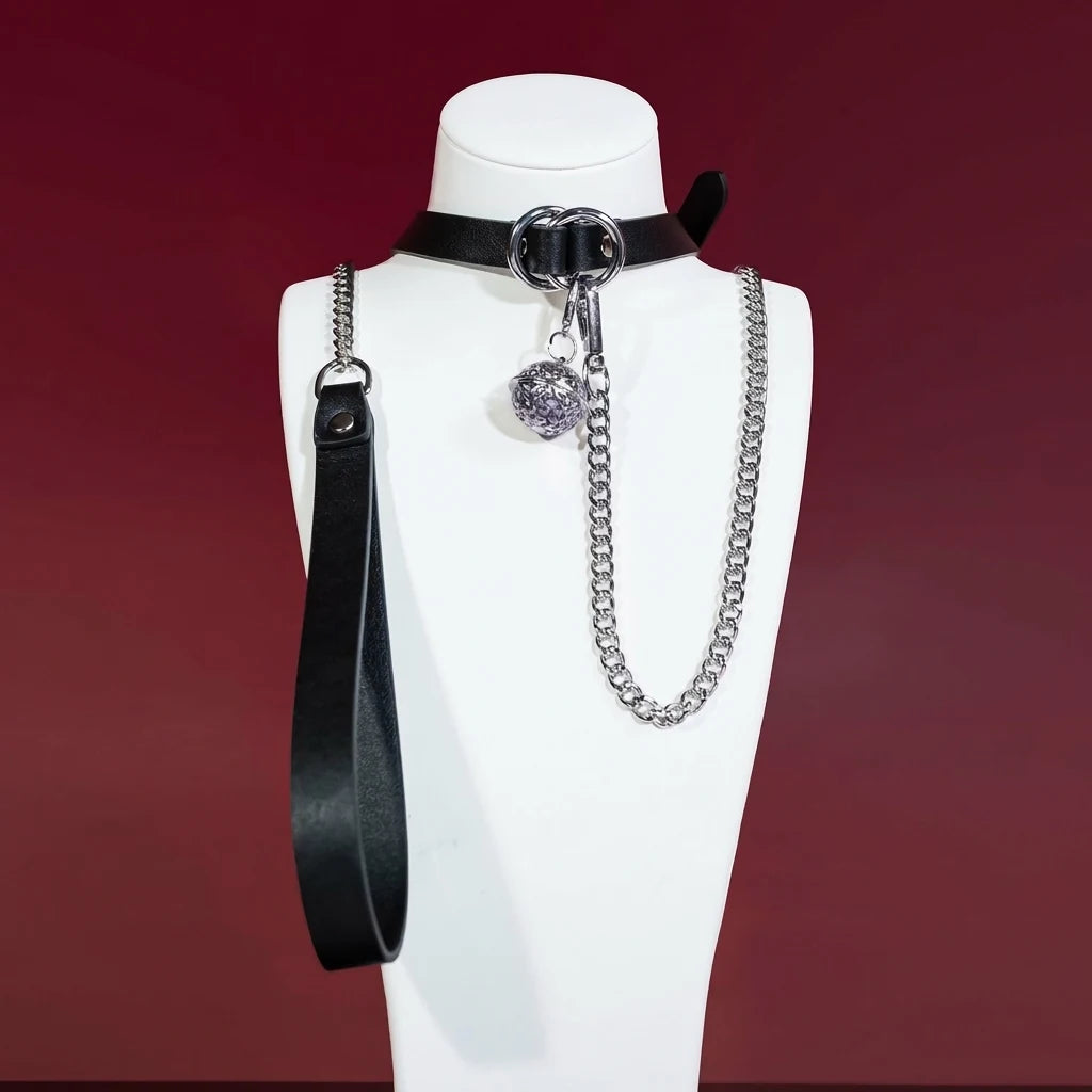 Black Double-Ring Bell Choker Collar and Chain Leash Set