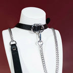 Black Double-Ring Bell Choker Collar and Chain Leash Set