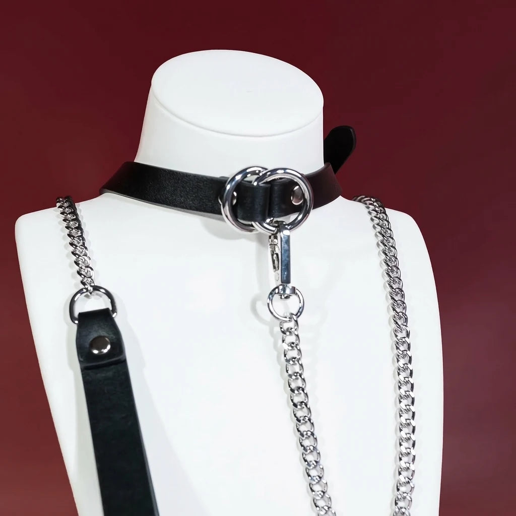 Black Double-Ring Bell Choker Collar and Chain Leash Set