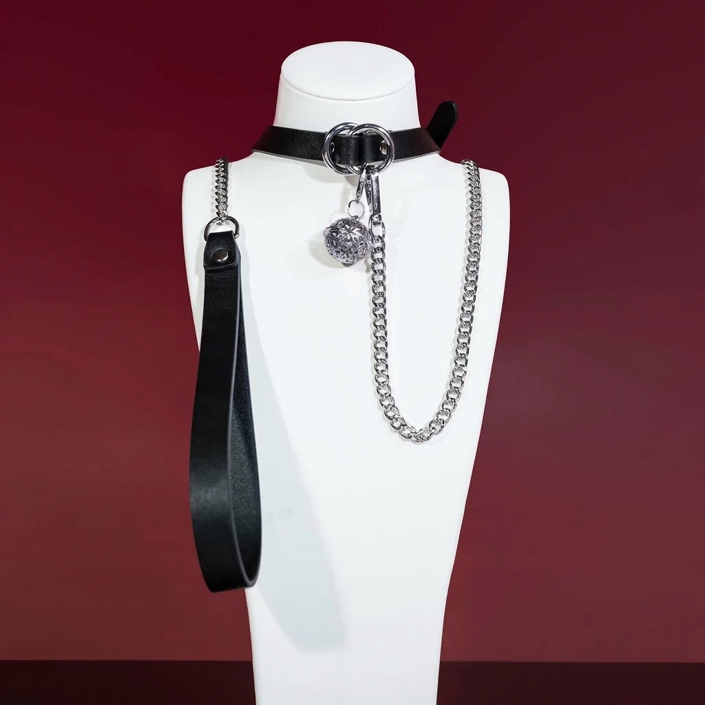 Black Double-Ring Bell Choker Collar and Chain Leash Set - Variant Image 2