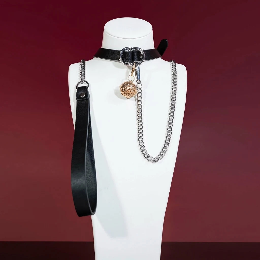 Black Double-Ring Bell Choker Collar and Chain Leash Set - Variant Image 3