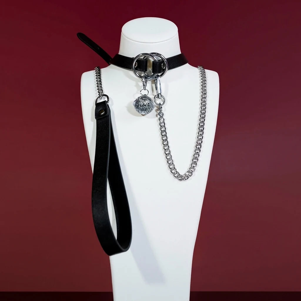 Black Double-Ring Bell Choker Collar and Chain Leash Set - Variant Image 5