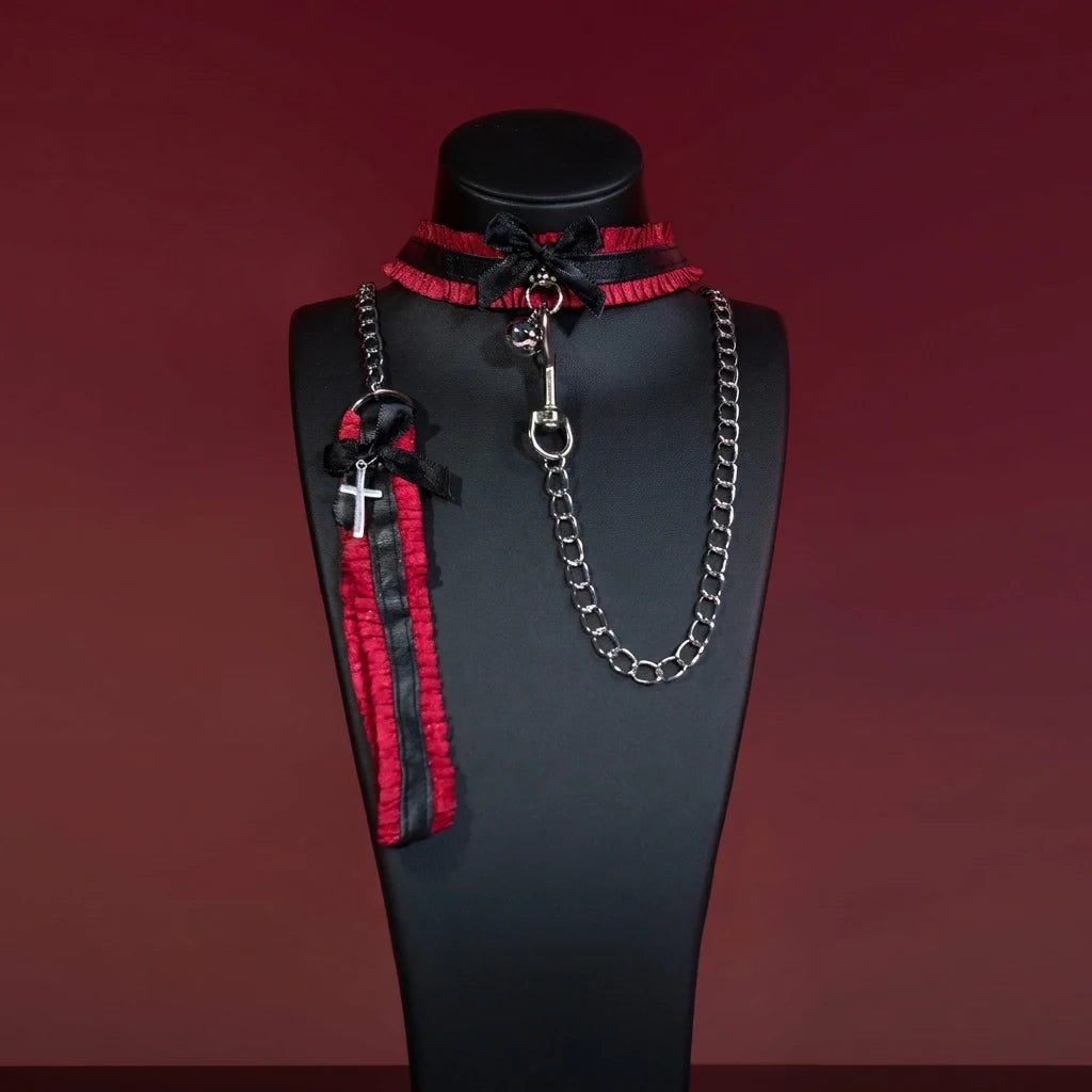 Red Lace Cross Bell Choker Collar and Chain Leash Set