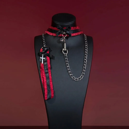 Red Lace Cross Bell Choker Collar and Chain Leash Set