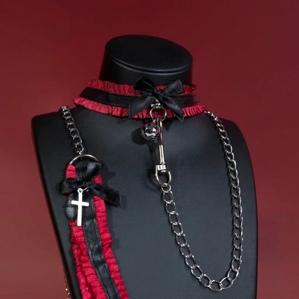 Red Lace Cross Bell Choker Collar and Chain Leash Set