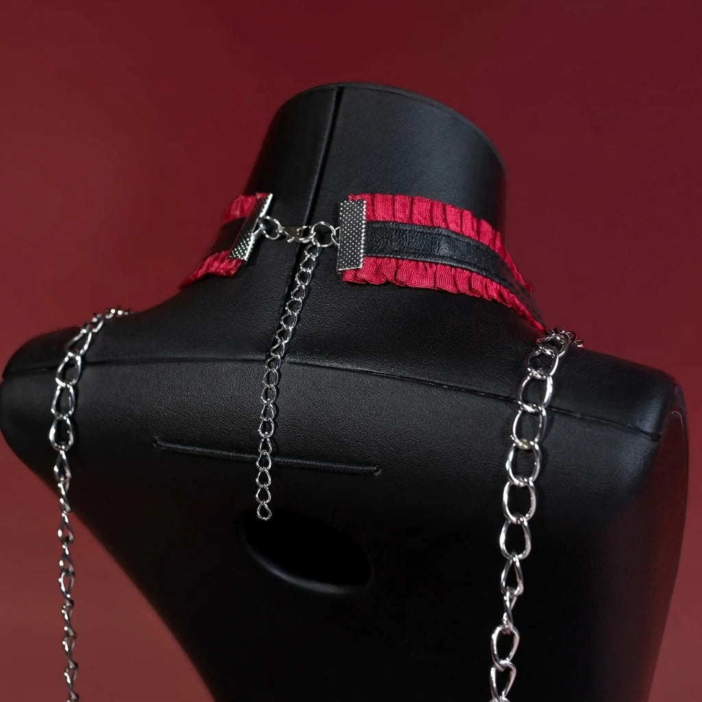 Red Lace Cross Bell Choker Collar and Chain Leash Set