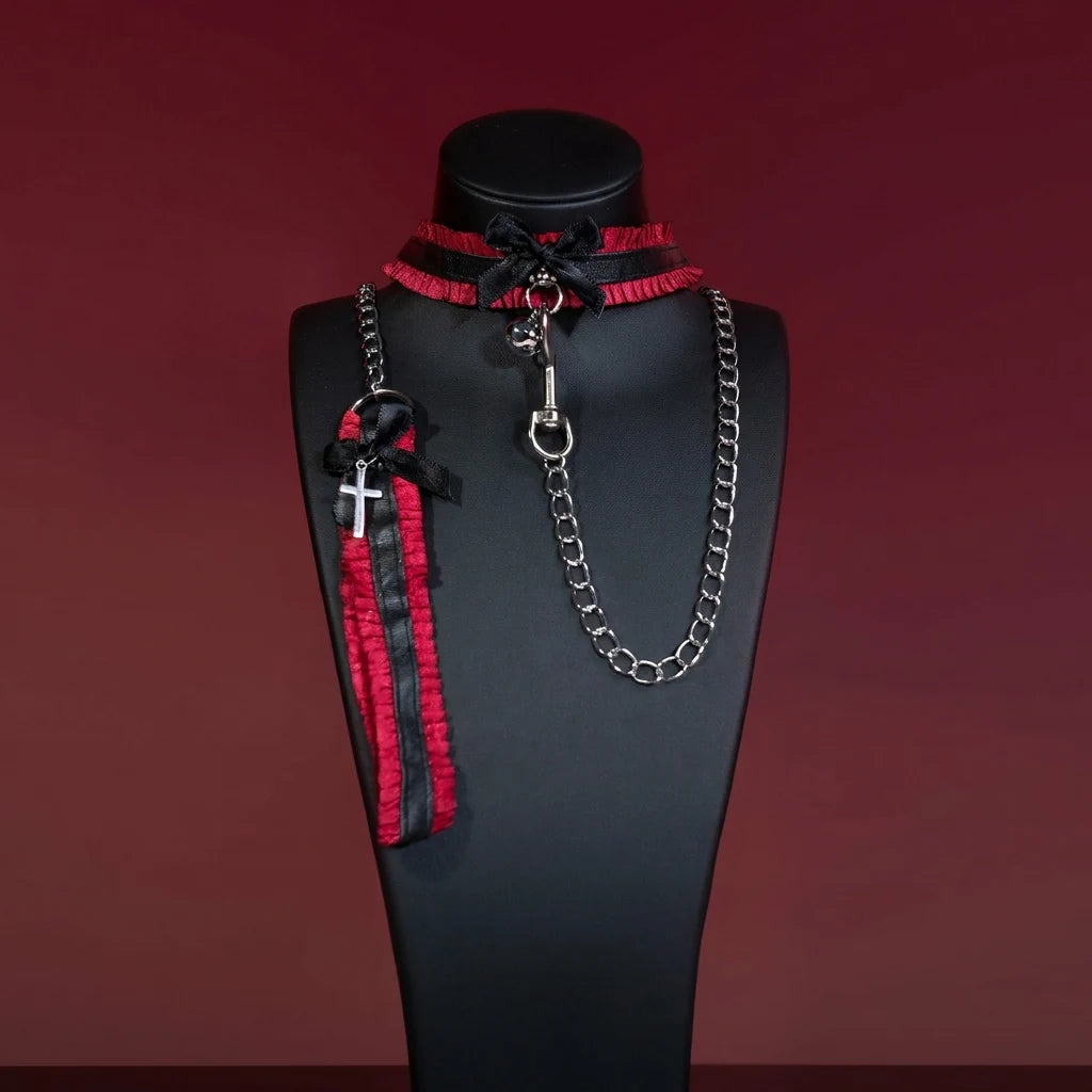 Red Lace Cross Bell Choker Collar and Chain Leash Set - Variant Image 1