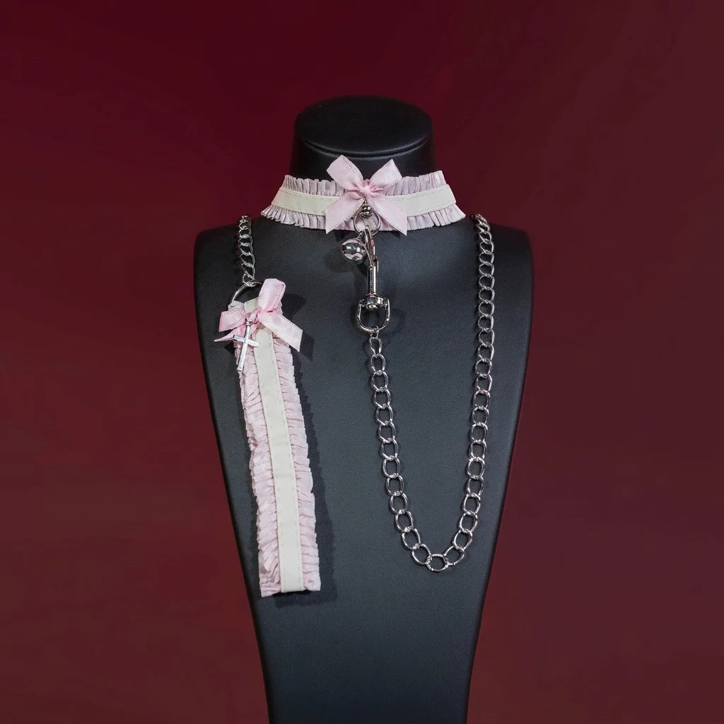 Red Lace Cross Bell Choker Collar and Chain Leash Set - Variant Image 2