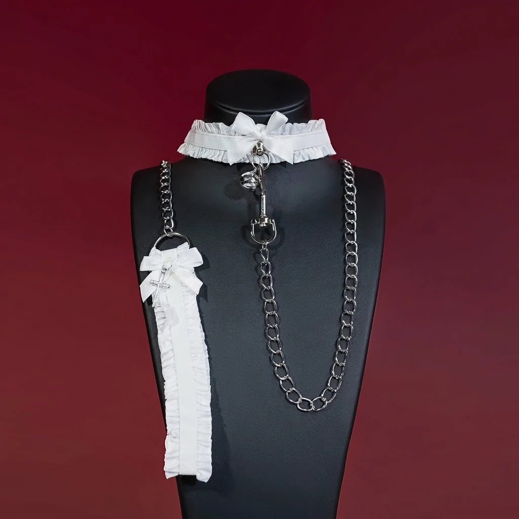 Red Lace Cross Bell Choker Collar and Chain Leash Set - Variant Image 3