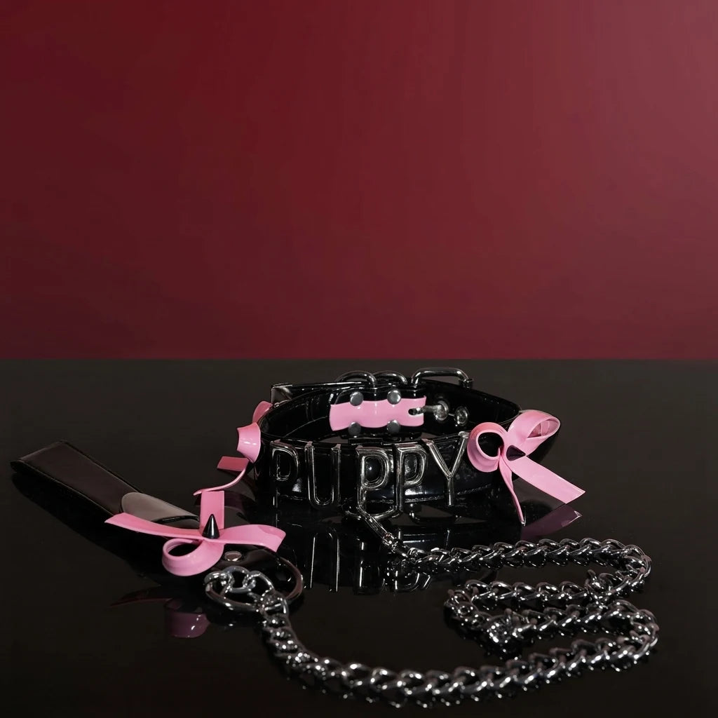 Black Patent Puppy Letter Bow Choker Collar Set