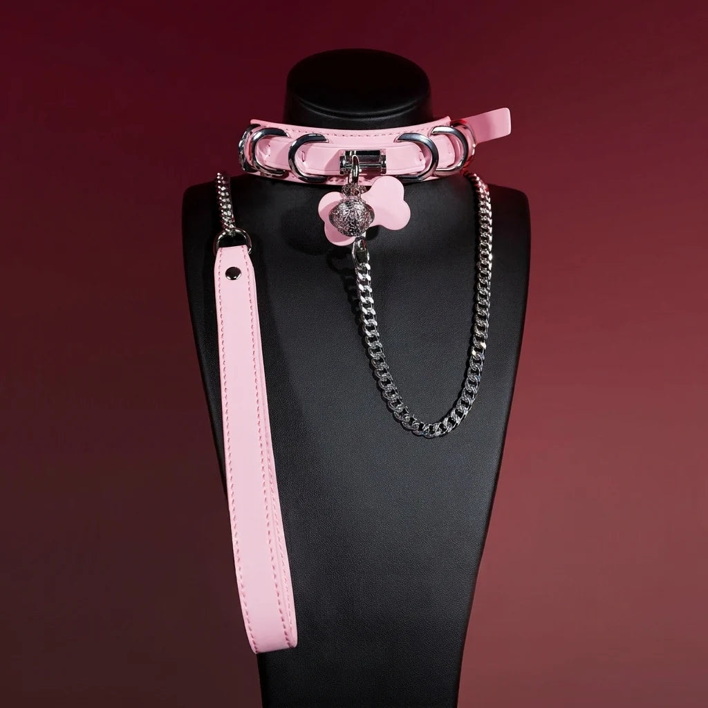 Pink Bone Tag Bell Choker Collar and Chain Leash Set