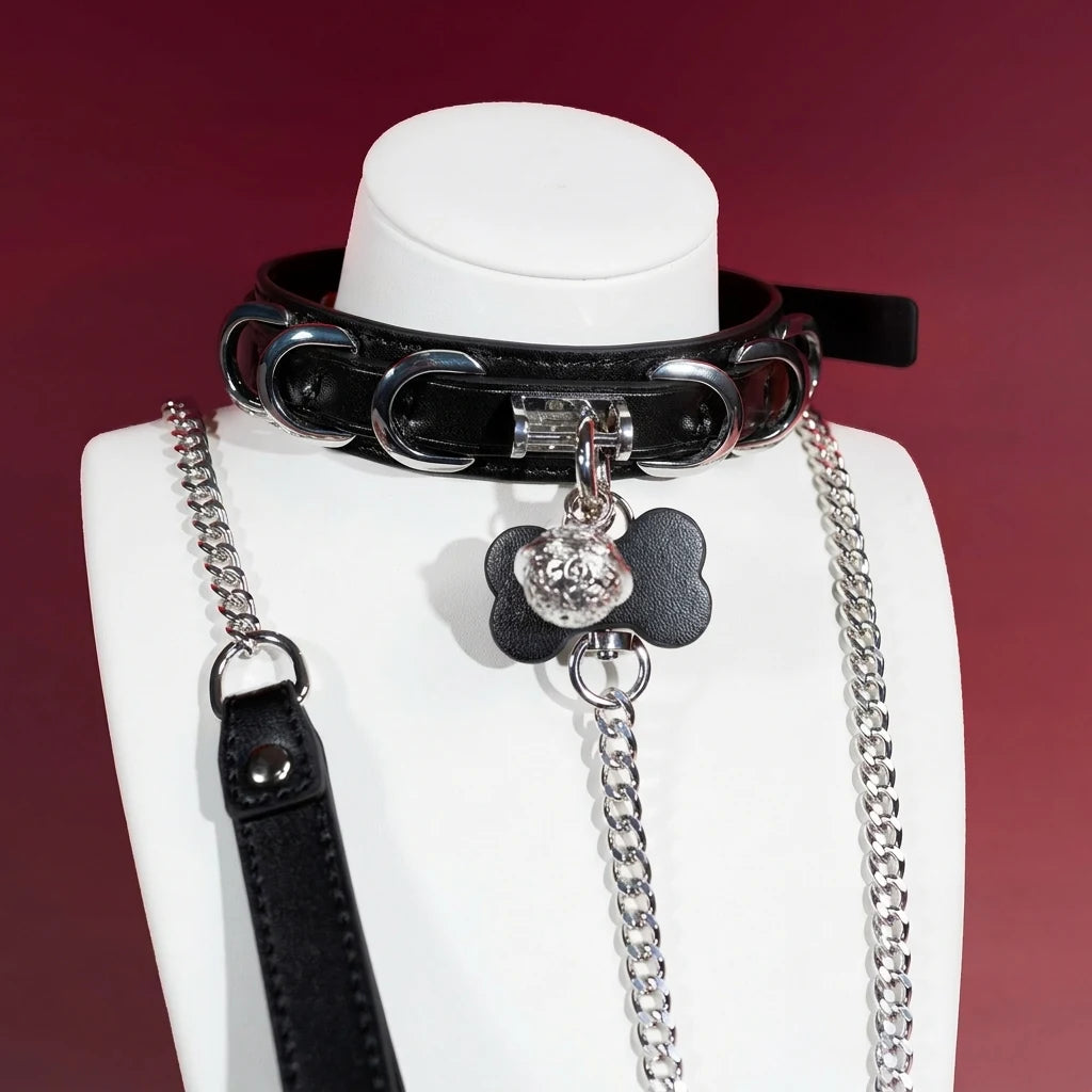 Pink Bone Tag Bell Choker Collar and Chain Leash Set