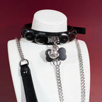 Pink Bone Tag Bell Choker Collar and Chain Leash Set
