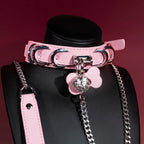 Pink Bone Tag Bell Choker Collar and Chain Leash Set