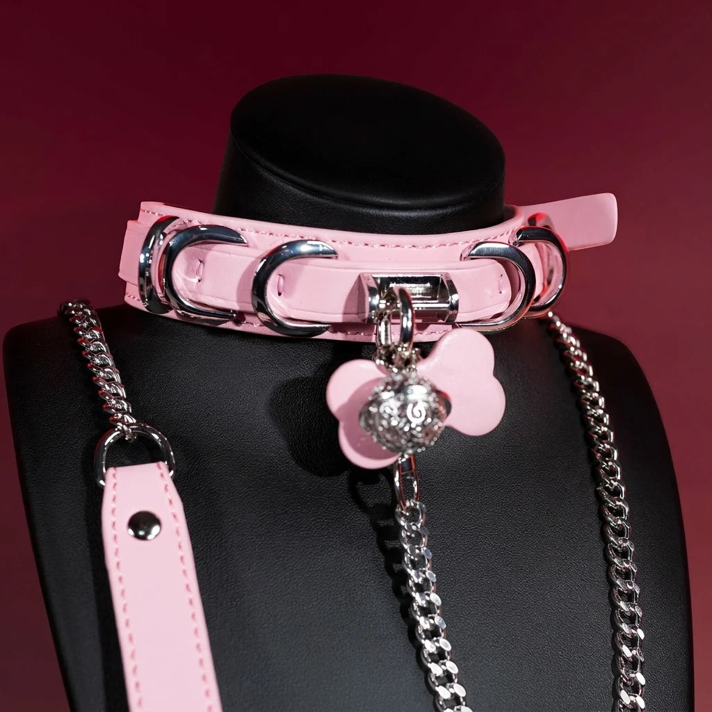 Pink Bone Tag Bell Choker Collar and Chain Leash Set