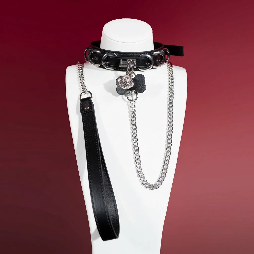 Pink Bone Tag Bell Choker Collar and Chain Leash Set - Variant Image 2