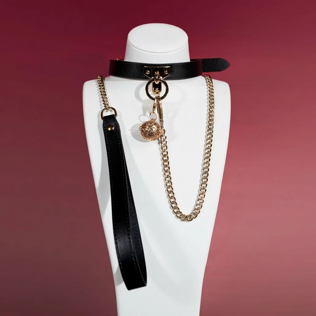Black Leather Heart Charm Choker Collar Set