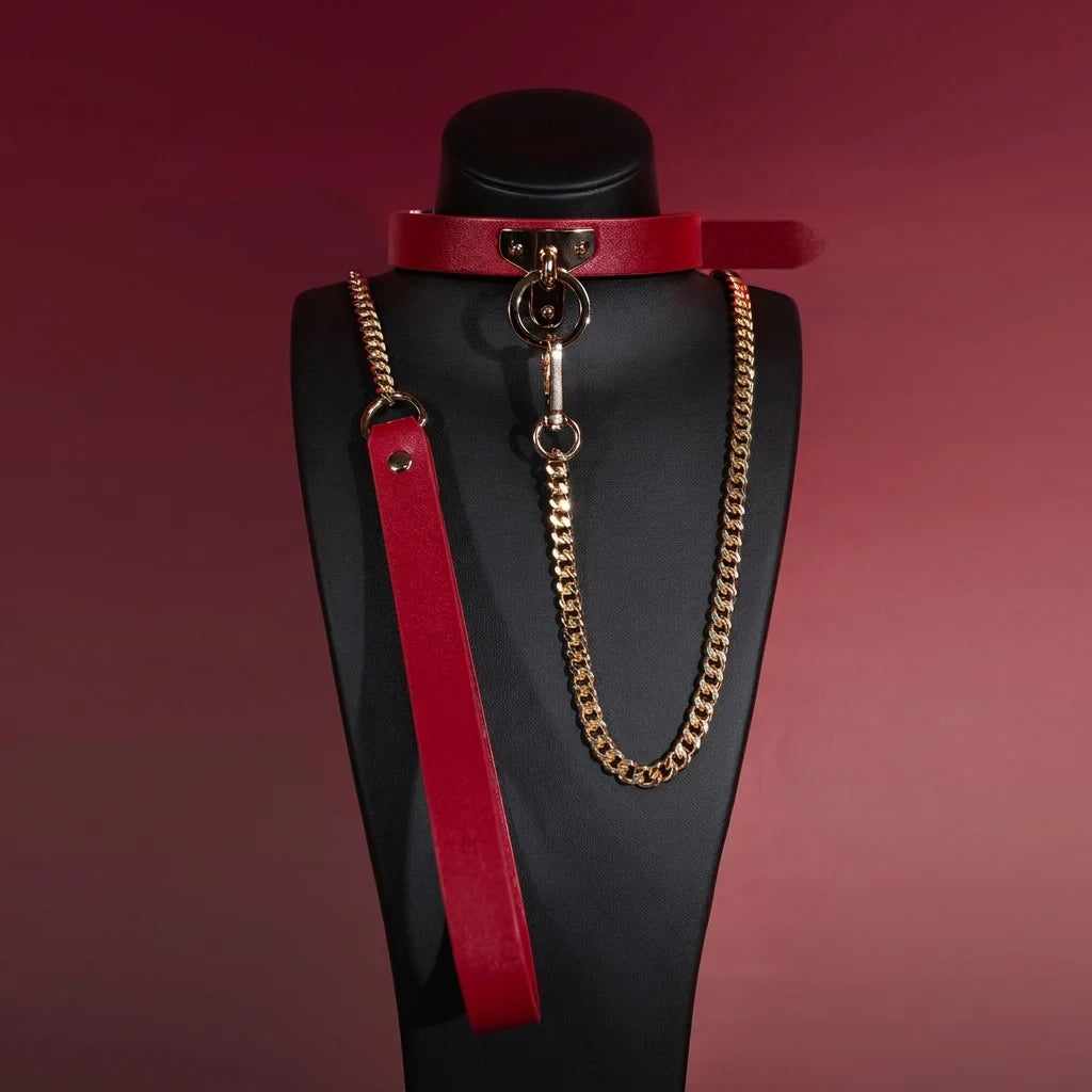 Black Leather Heart Charm Choker Collar Set