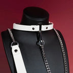 White Leather Ring Choker Collar and Chain Leash Set