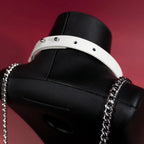 White Leather Ring Choker Collar and Chain Leash Set