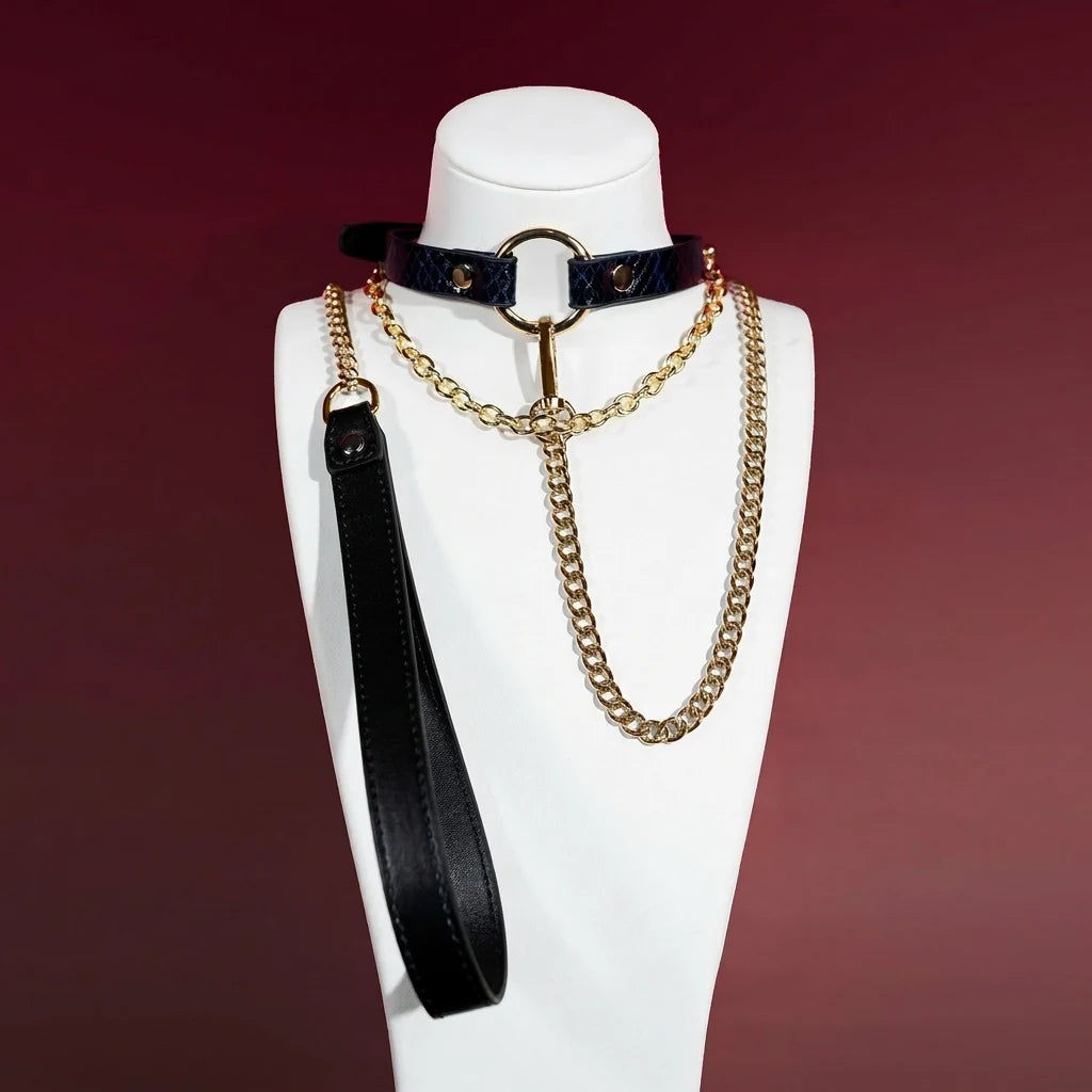 Designer O-Ring Choker Collar with Layered Gold Chains