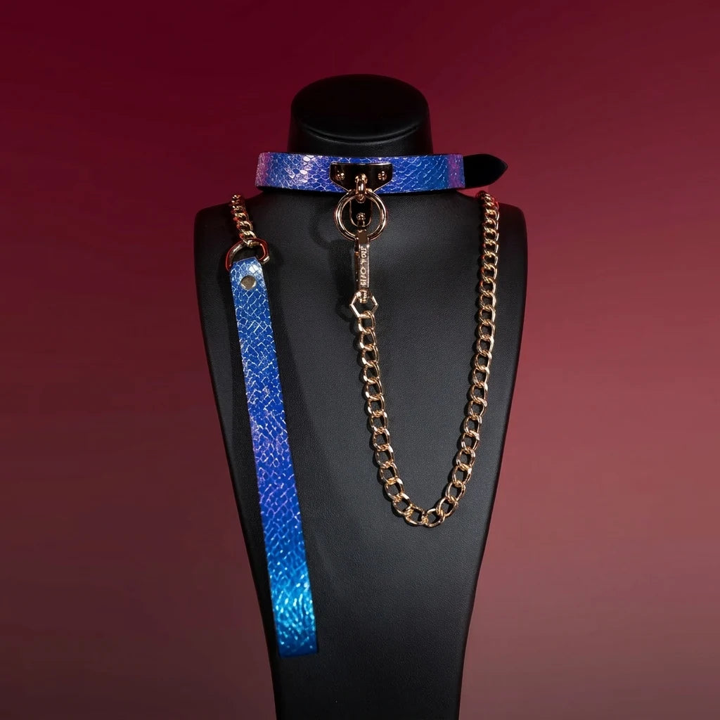 Blue Croc T-Bar Choker Collar and Chain Leash Set