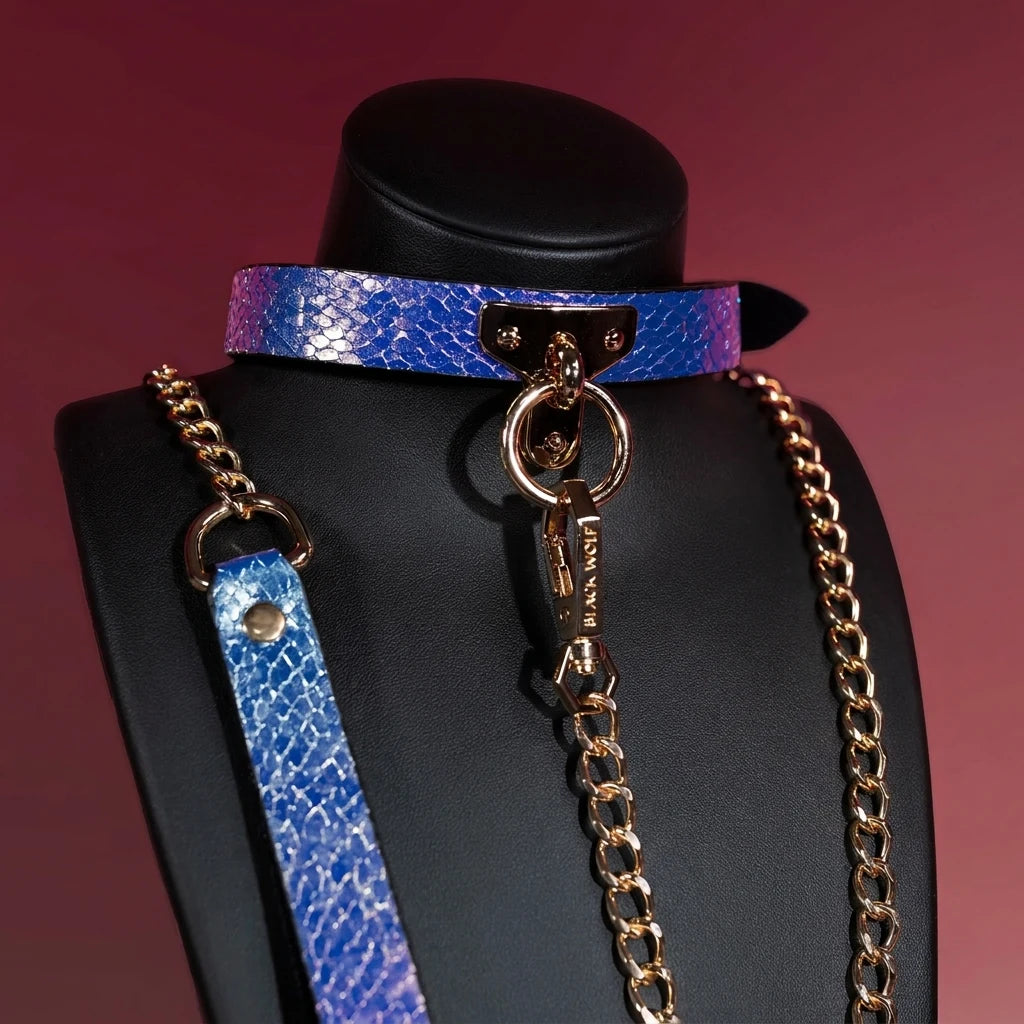 Blue Croc T-Bar Choker Collar and Chain Leash Set