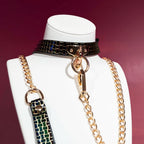 Black Croc T-Bar Choker Collar and Gold Chain Leash Set
