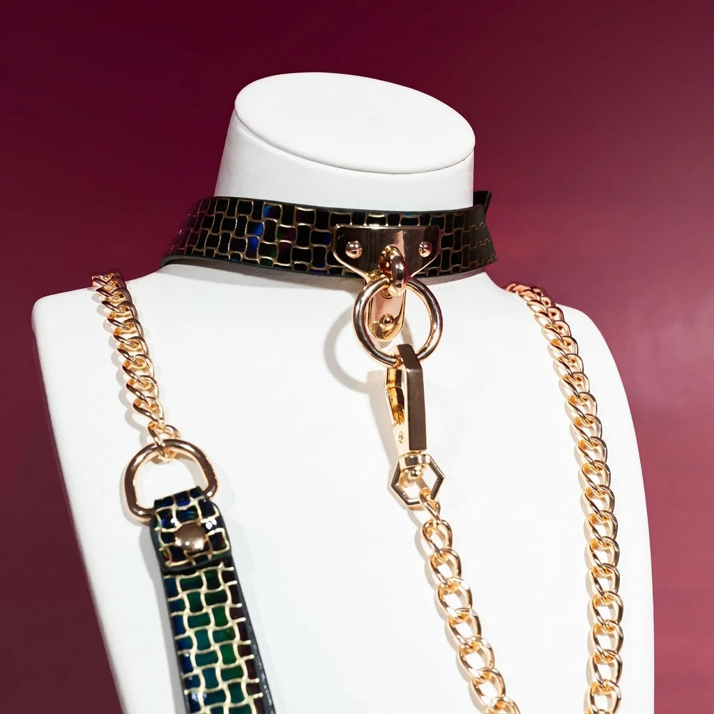 Black Croc T-Bar Choker Collar and Gold Chain Leash Set