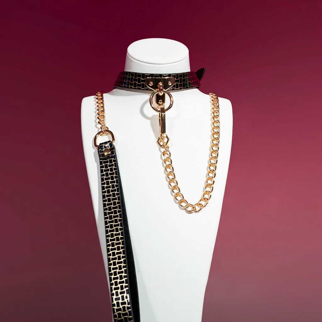 Black Croc T-Bar Choker Collar and Gold Chain Leash Set