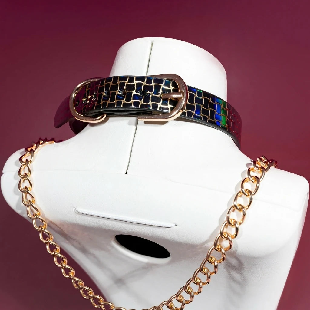 Black Croc T-Bar Choker Collar and Gold Chain Leash Set