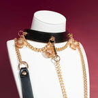 Black Leather Bell Choker Collar with Double Gold Chains