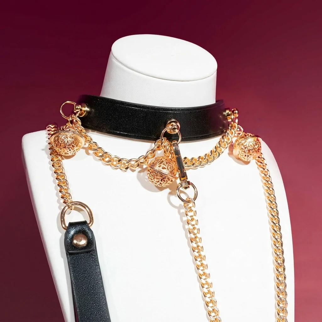 Black Leather Bell Choker Collar with Double Gold Chains