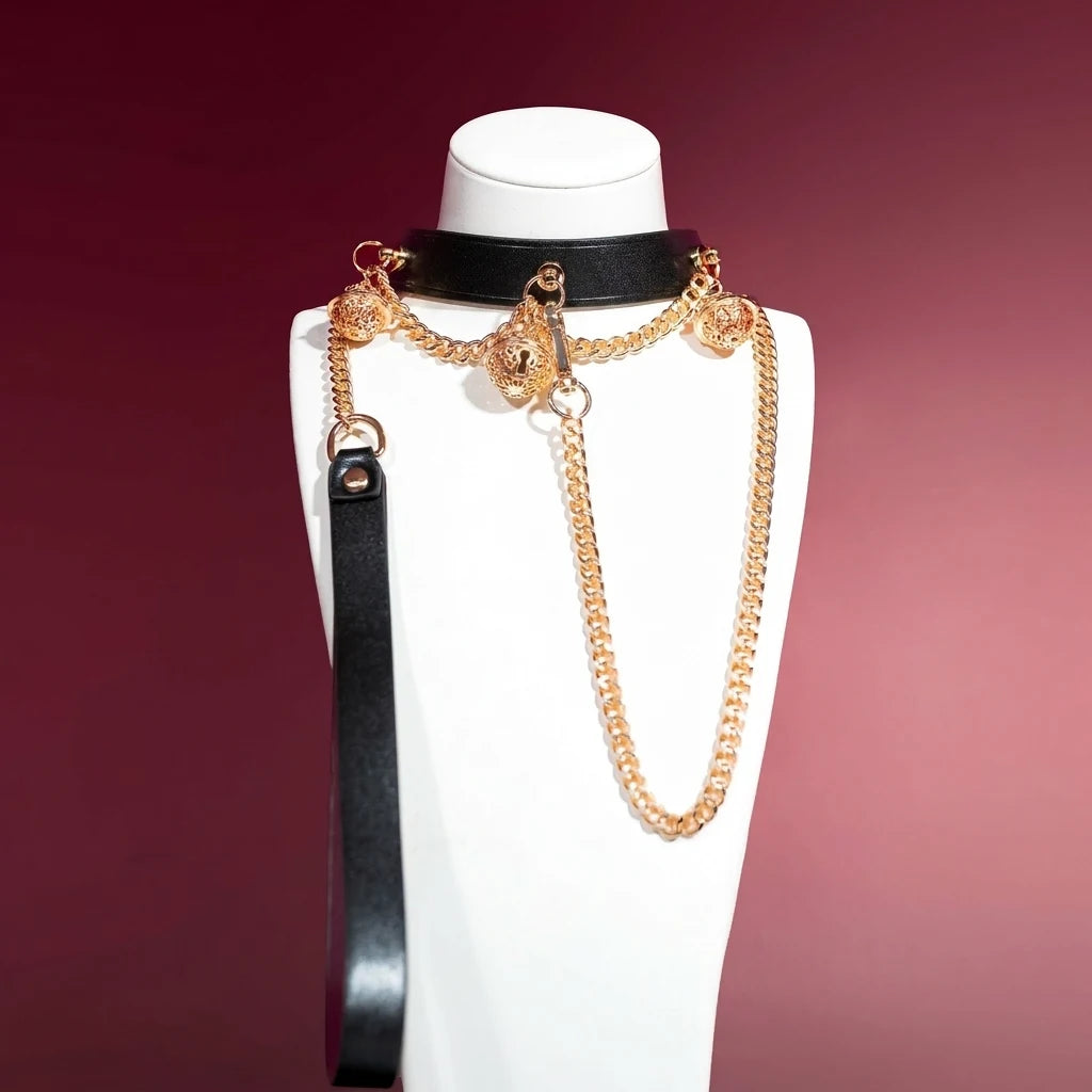 Black Leather Bell Choker Collar with Double Gold Chains
