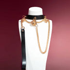 Black Leather Bell Choker Collar with Double Gold Chains